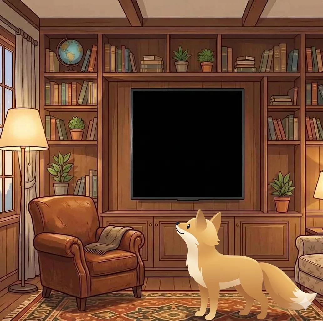 A fox watching FoxLeaf-generated illustrations on a TV